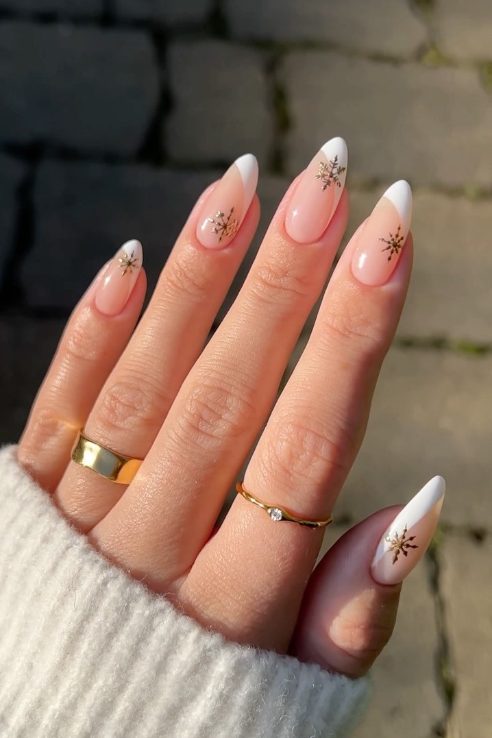 Long Almond with Gold Snowflake Decals Long Almond with Gold Snowflake Decals — Winter Nude Nails 2027