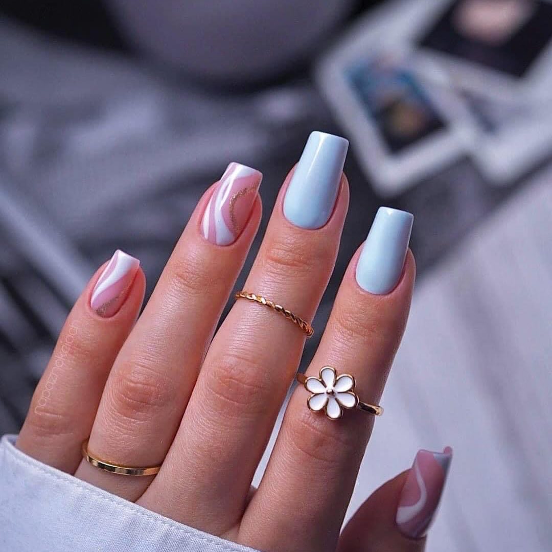 Light Blue Swirl Gold Line Nails Light Blue Swirl Gold Line Nails — Spring Acrylic Nails 2027