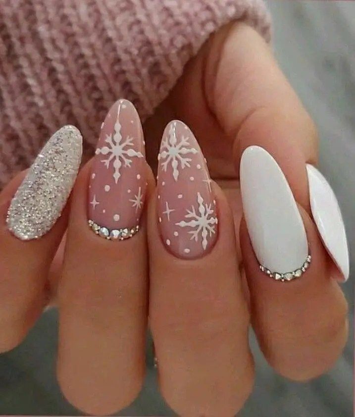 Sheer Pink Almonds with Snowflakes and Gems Sheer Pink Almonds with Snowflakes and Gems — Christmas Acrylic Nails 2026