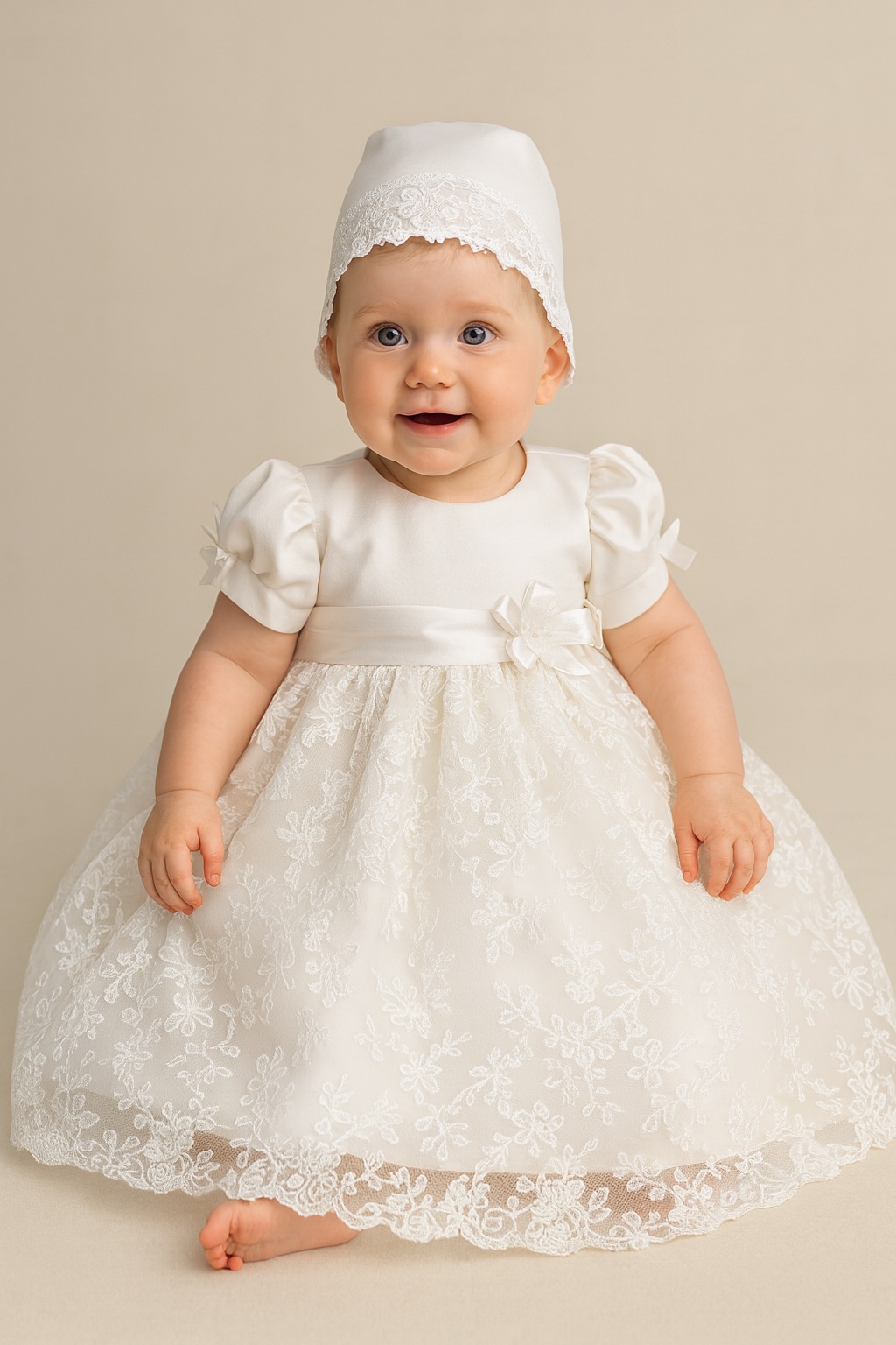 White Satin Gown with Lace Overlay and Puffed Sleeves — Christening Outfits 2027