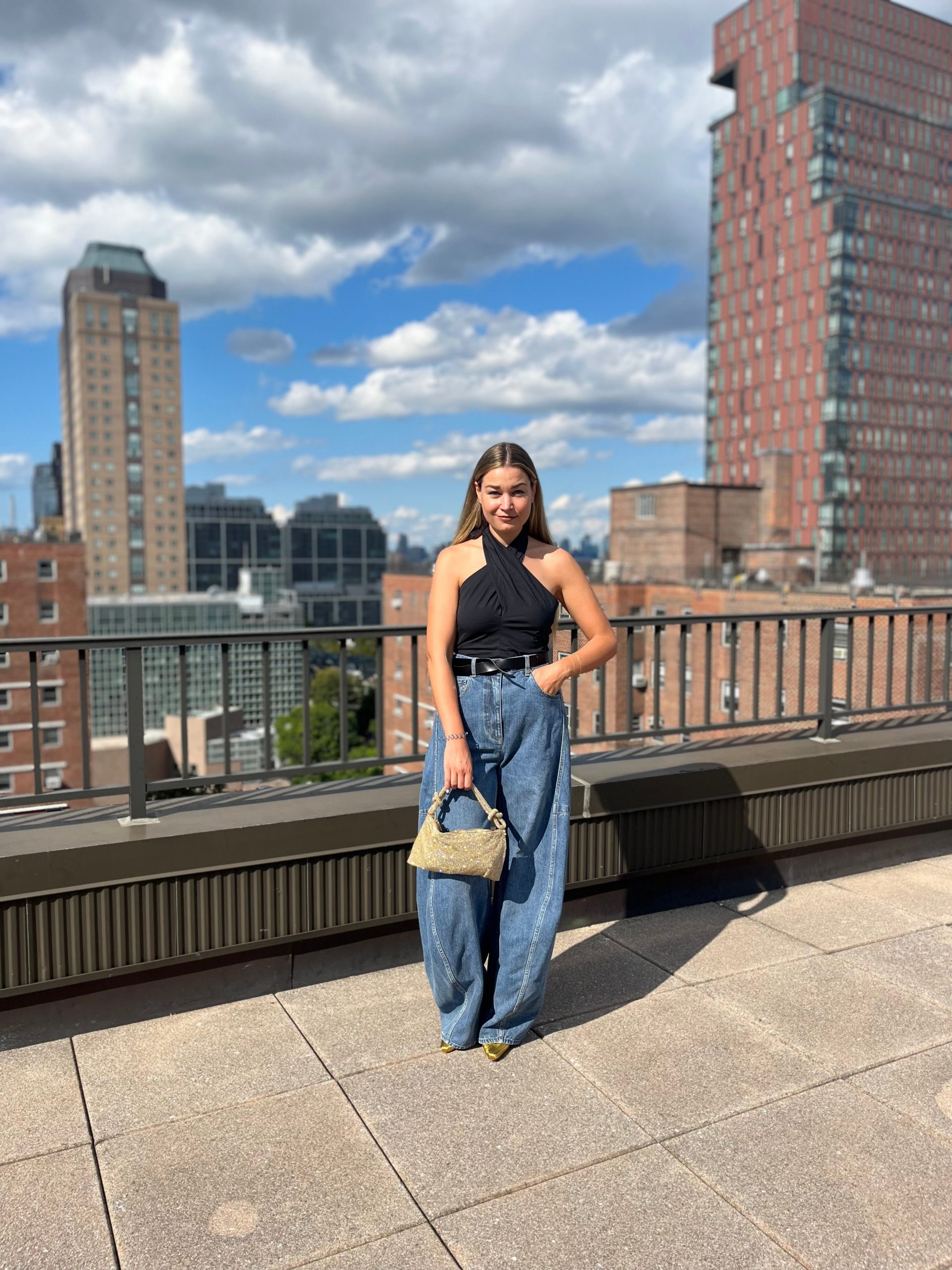 Baggy Wide Leg Jeans with Halter Top and Sparkly Handbag — Wide Leg Jeans 2027