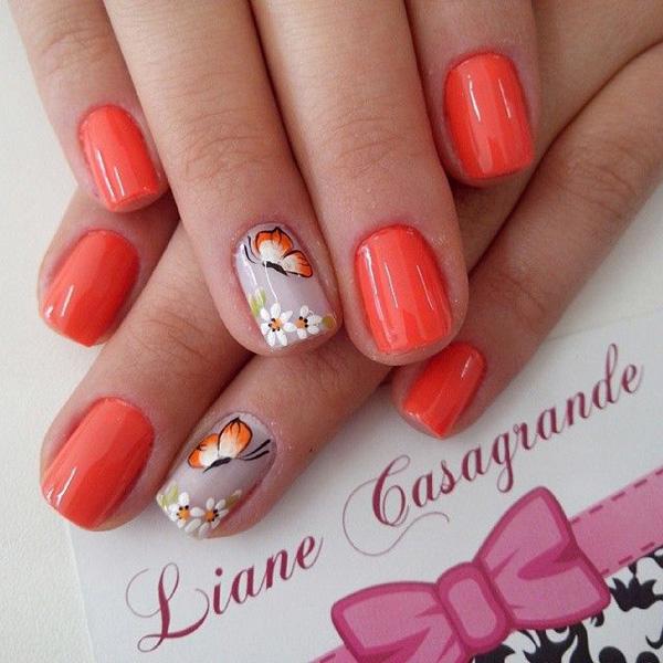 Coral Orange Butterfly Accent Nails Coral Orange Butterfly Accent Nails — Short Butterfly Round Nails 2027