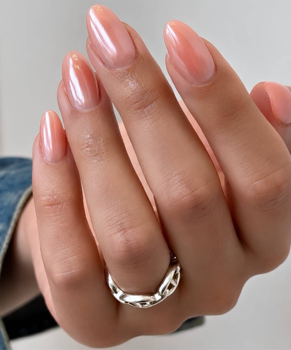 Soft Peach High-Shine Chrome Almonds Soft Peach High-Shine Chrome Almonds — Peach Chrome Nails 2027