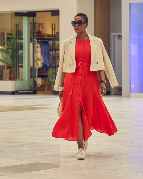 Red Belted Linen Midi Dress with Cropped Jacket Red Belted Linen Midi Dress with Cropped Jacket — Casual Dresses 2027