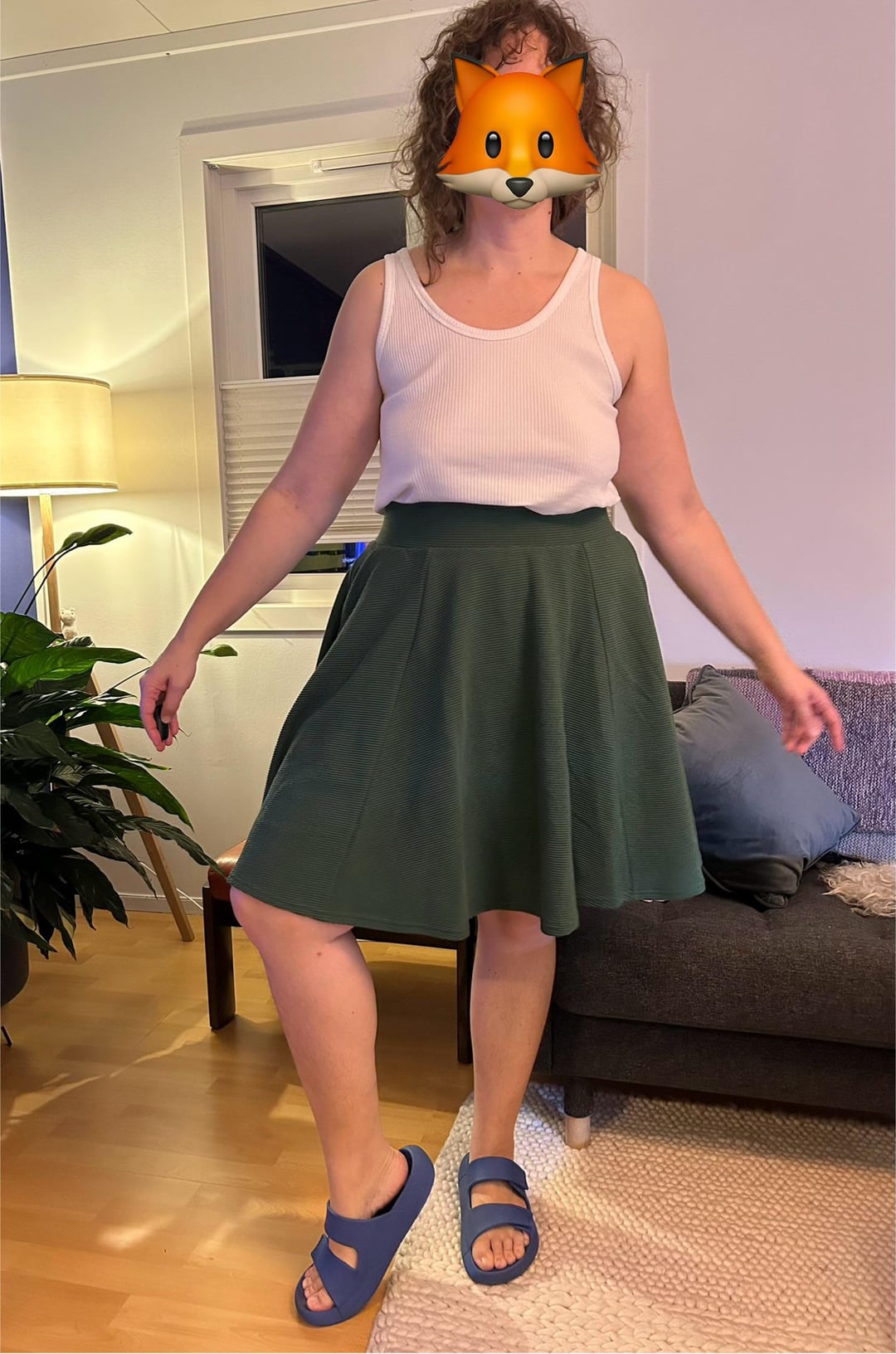 Dark Green Textured Flared Skirt with White Ribbed Tank Top — Pleated Skirt Outfits 2027