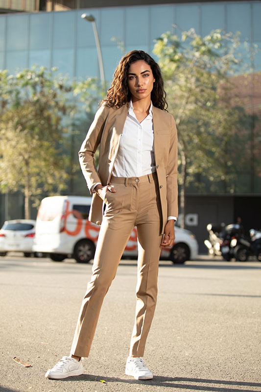 Camel Plaid Blazer and Slim Trousers: Sharp Business Casual — Earth Tone Outfits 2027