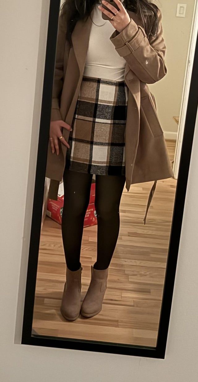Classic Autumn Layers: Plaid Mini with Camel Coat and Tights Classic Autumn Layers: Plaid Mini with Camel Coat and Tights — Plaid Mini Skirt Outfits 2027