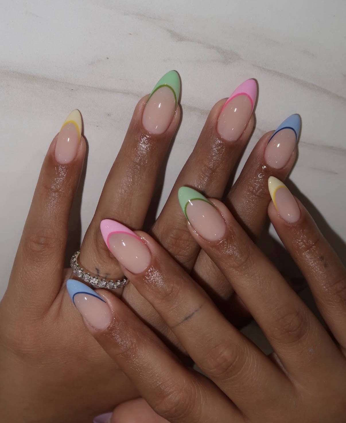 Multi-Color Pastel French Tip Almonds Multi-Color Pastel French Tip Almonds — Pastel Almond Nails 2027