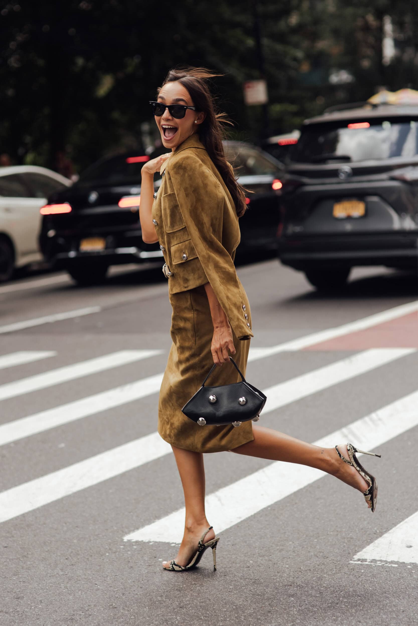 Suede Statement Jacket Paired with a Pencil Skirt Suede Statement Jacket Paired with a Pencil Skirt — Brown Outfits 2027