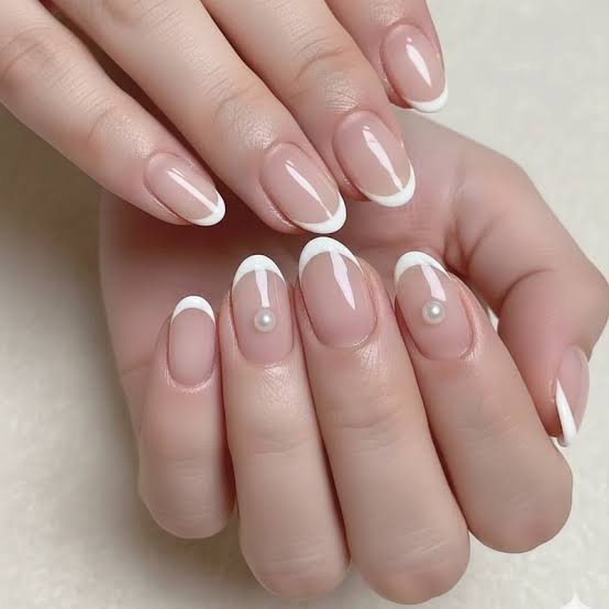 Sheer Pink French With Pearl Accents — White Wedding Nails 2027