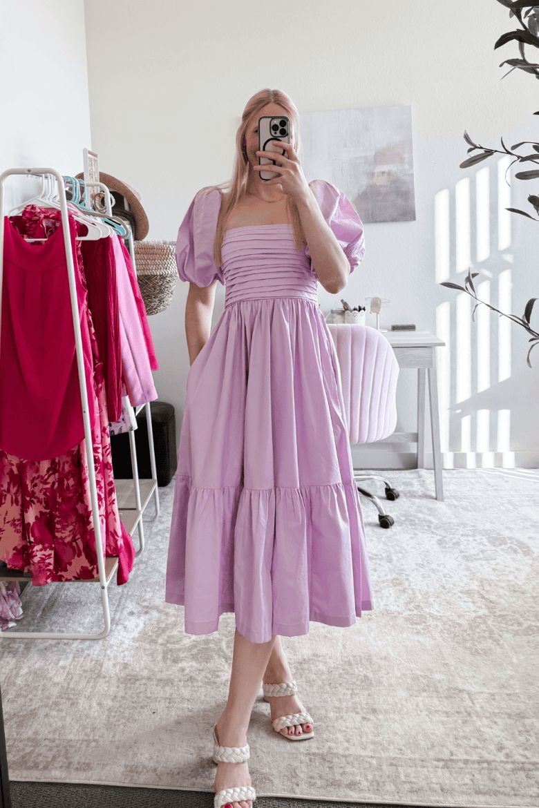Chic Lavender Puff Sleeve Midi Dress for Shower Guests Chic Lavender Puff Sleeve Midi Dress for Shower Guests — Bridal Shower Dress 2027 for Guest