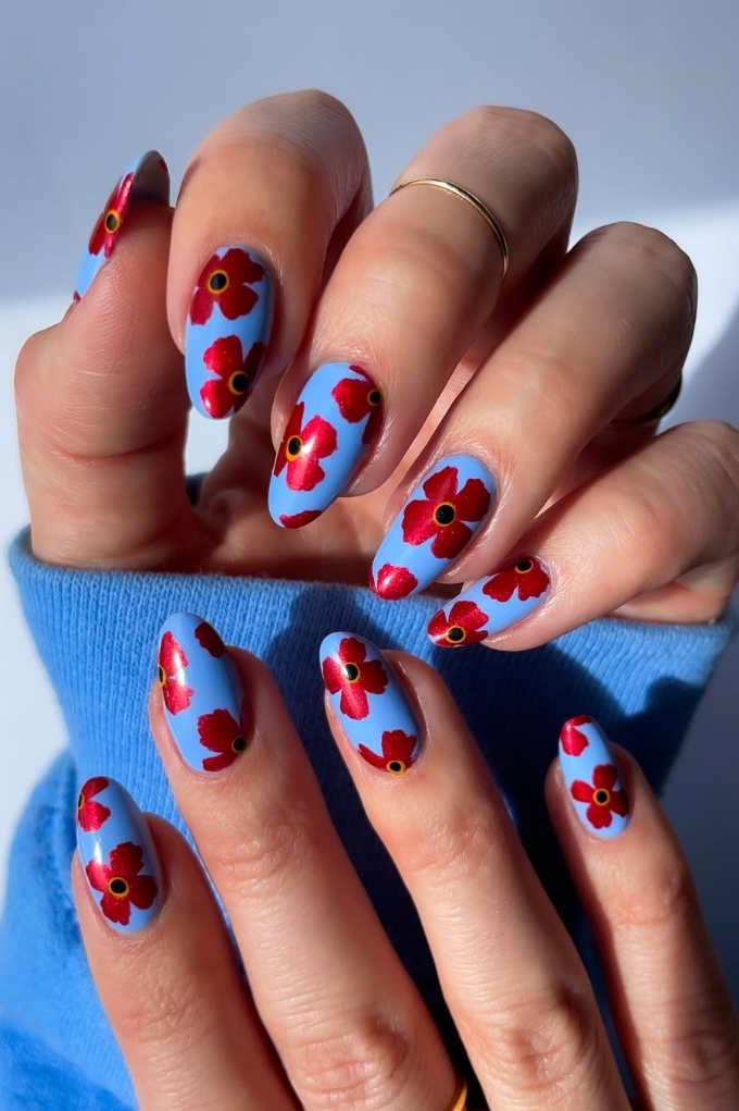 Light Blue With Bold Red Flowers Light Blue With Bold Red Flowers — Flower Nails 2027