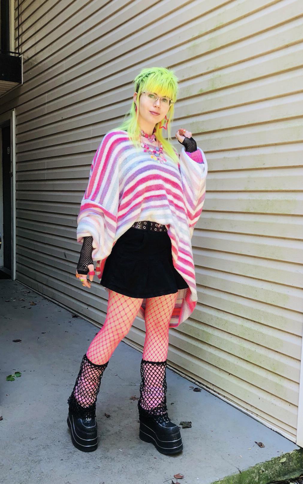 Bright Striped Poncho and Neon Hair: Eclectic Emo Fusion Bright Striped Poncho and Neon Hair: Eclectic Emo Fusion — Emo Outfits 2027