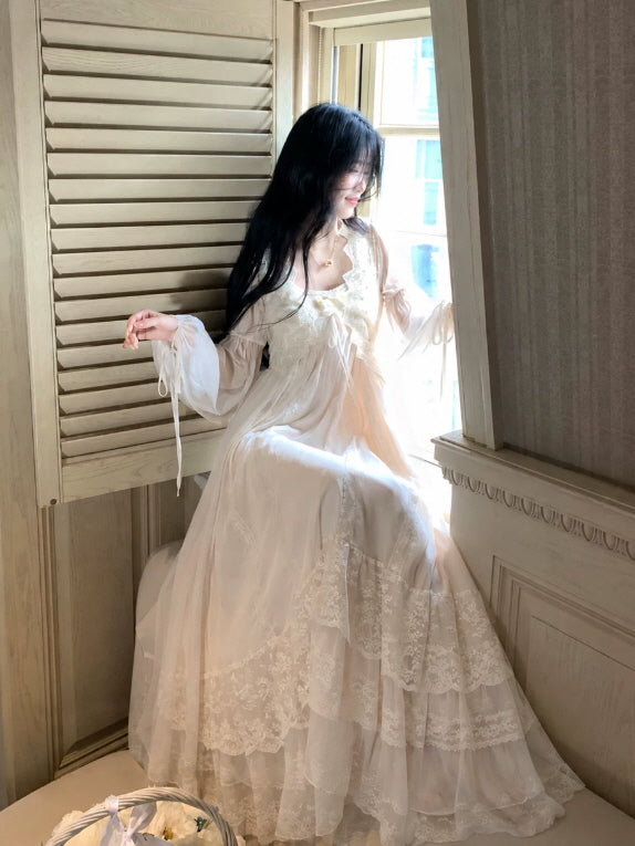 Ivory Sheer Dress with Lace Trim and Flowing Sleeves — Fairycore Outfits 2027