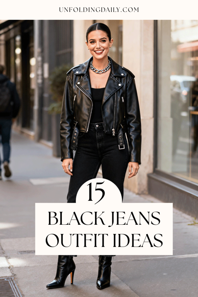 Moto Chic: Black Jeans with Leather Jacket and Heeled Boots Moto Chic: Black Jeans with Leather Jacket and Heeled Boots — Black Jeans Outfits 2027