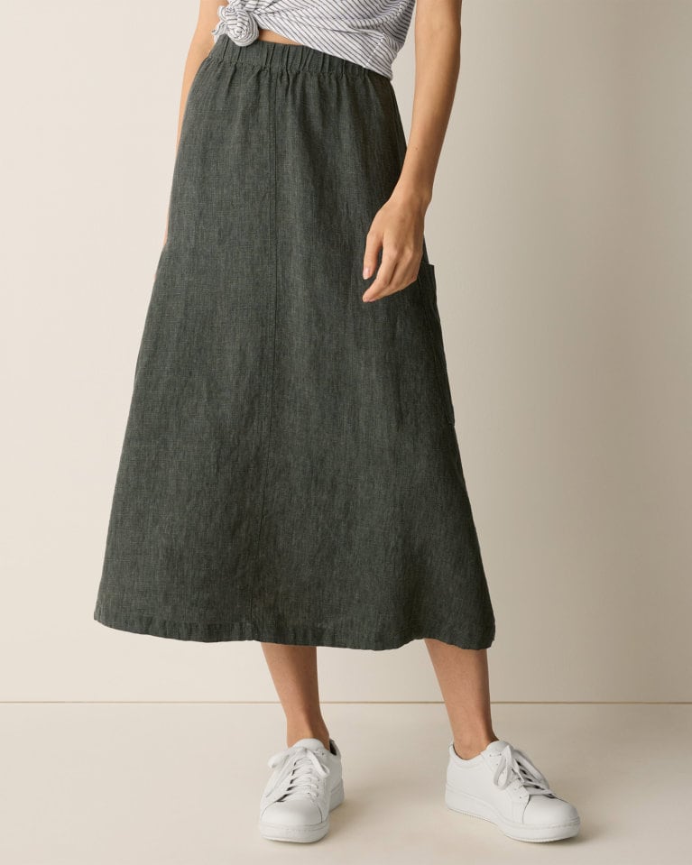 Dark Green Linen Cargo Midi Skirt with Striped Top — Cargo Skirts 2027