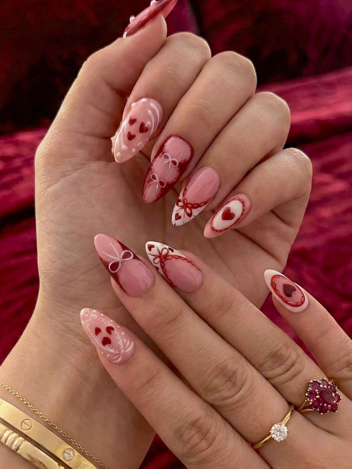 Pink Almond with Red Bows and Hearts Pink Almond with Red Bows and Hearts — Long Bow Nails 2027