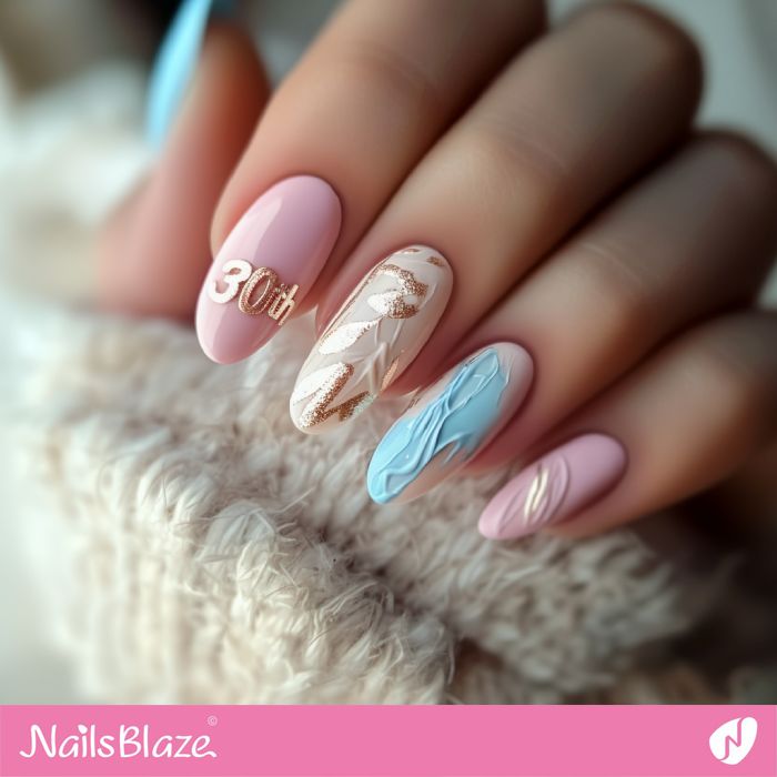 Pale Pink/Blue Medium Oval with Rose Gold '30th' — 30th Birthday Nails 2027
