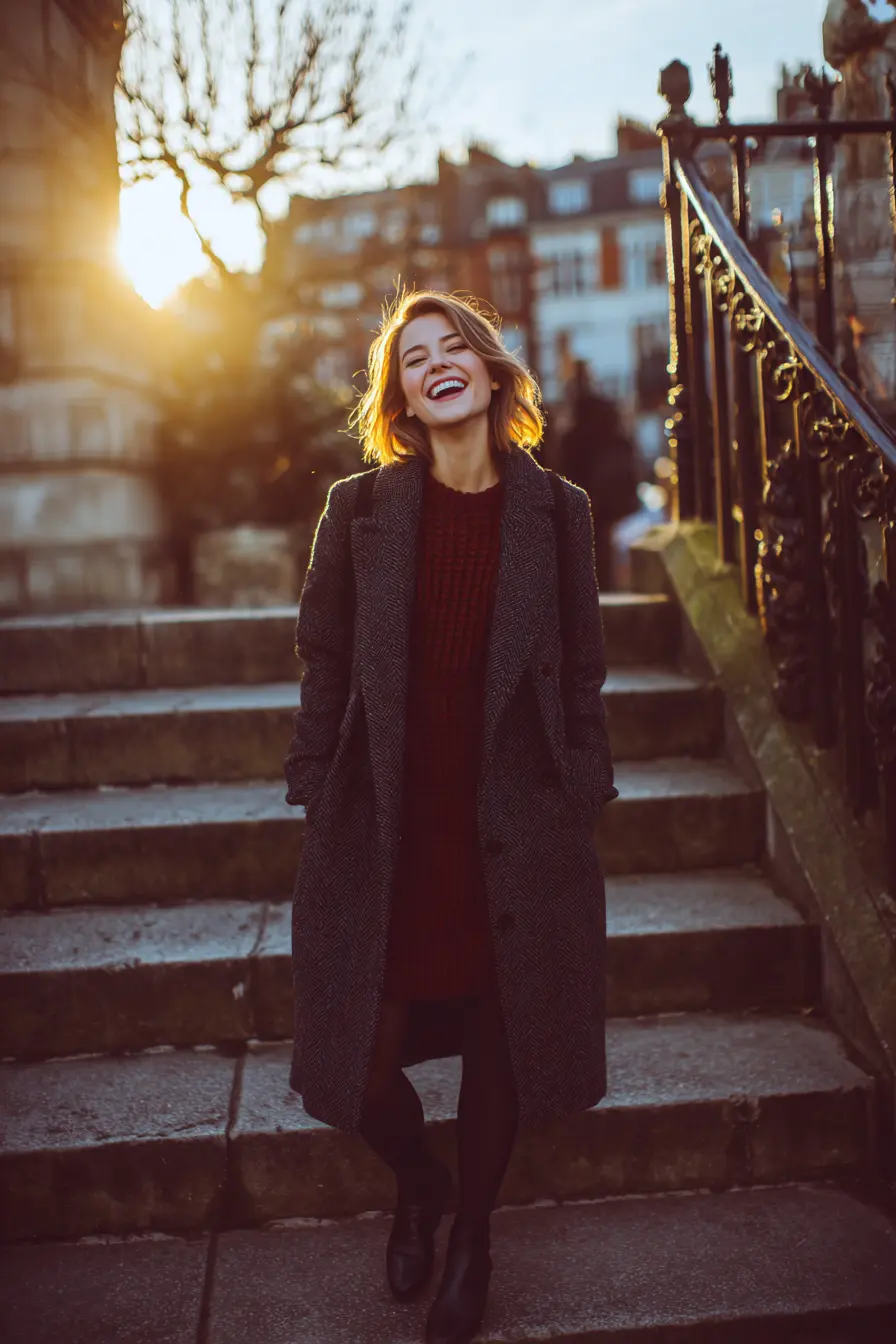 Herringbone Coat over a Burgundy Knit Dress Herringbone Coat over a Burgundy Knit Dress — Winter Outfits 2027 for Work