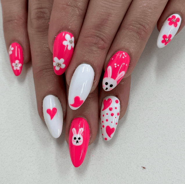 Bright Pink Bunny Faces with Hearts Bright Pink Bunny Faces with Hearts — Funny Bunny Nails 2027