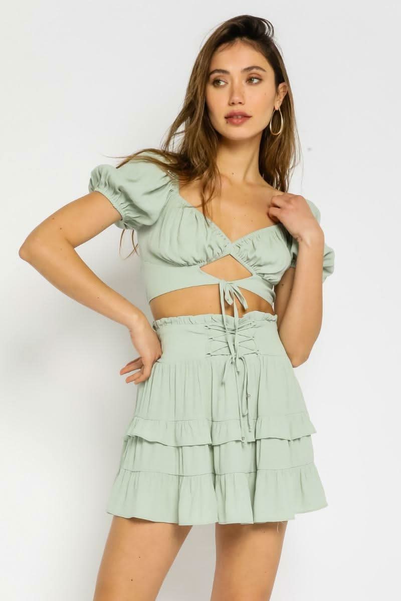 Mint Green Puff-Sleeve Crop Top with Tie Front and Ruffled Skirt Mint Green Puff-Sleeve Crop Top with Tie Front and Ruffled Skirt — Summer Crop Top Outfits 2027