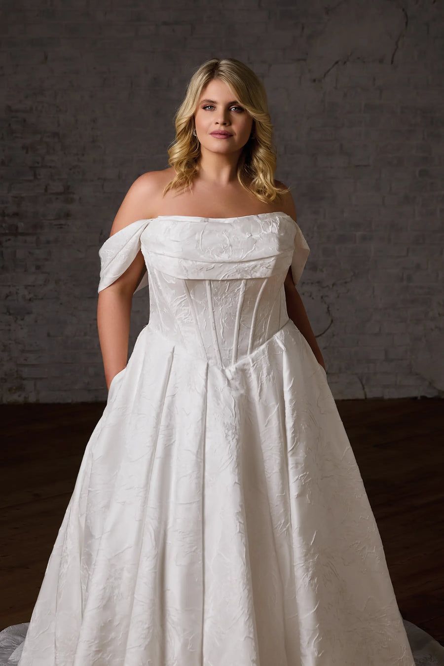 Ivory Jacquard Off-the-Shoulder Ballgown for Weddings — Curvy Dresses 2027