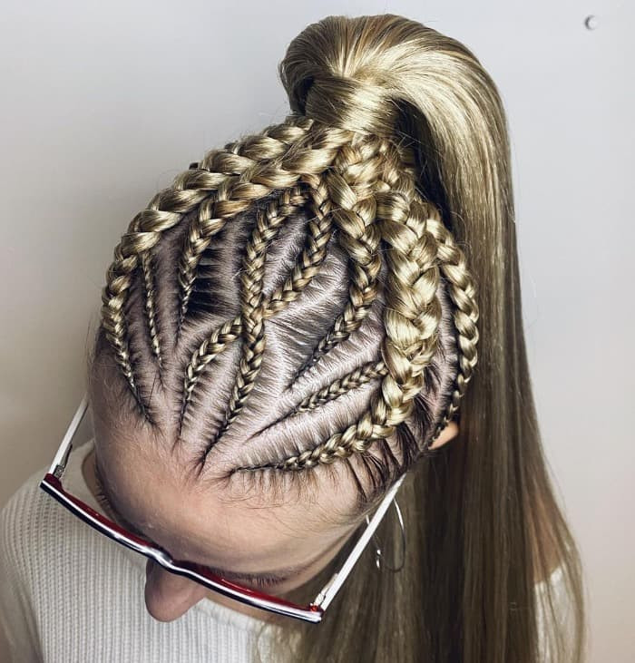 High Ponytail With Intricate Cornrow Braids High Ponytail With Intricate Cornrow Braids — Prom Hairstyles 2027 with Weave