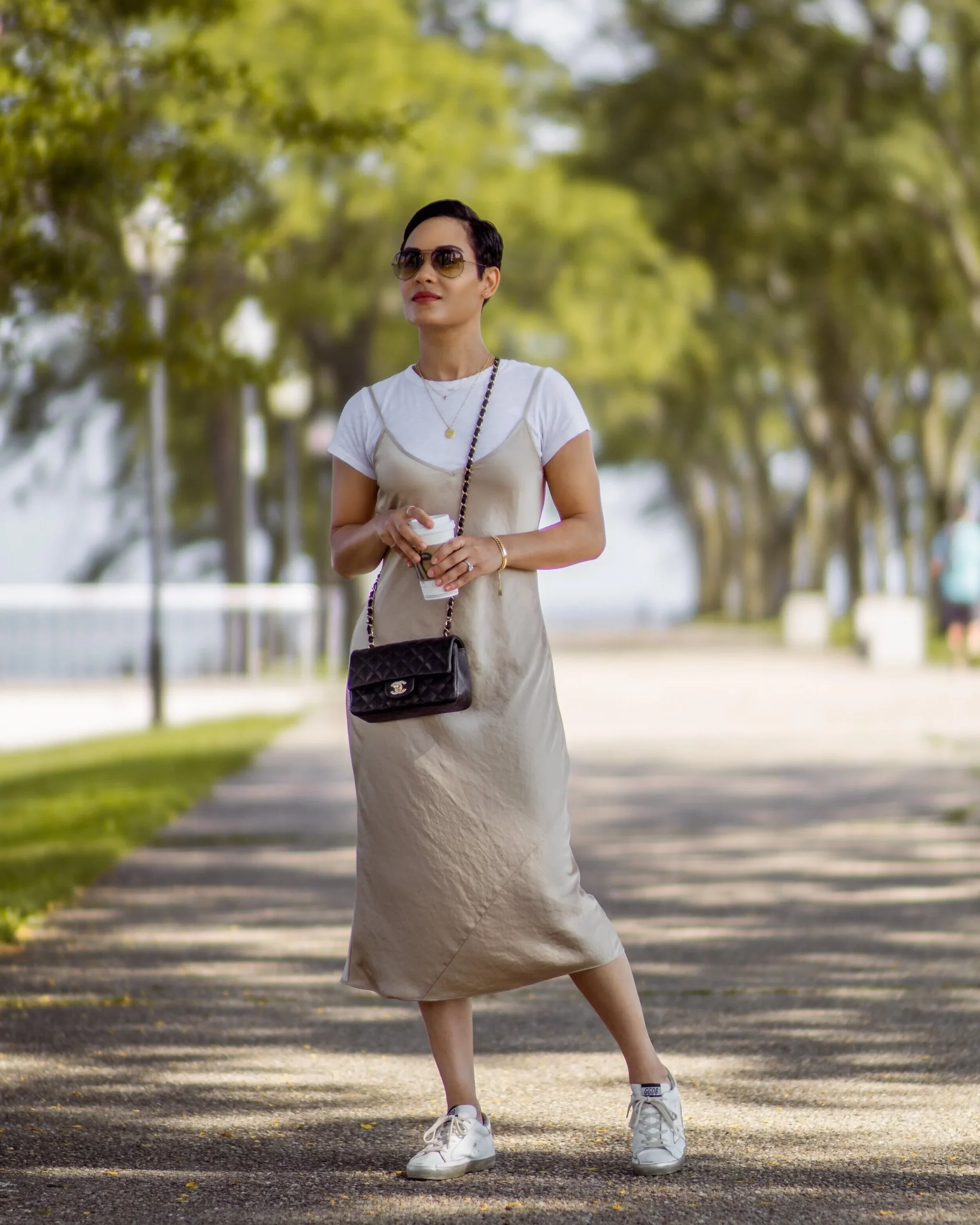 Beige Silk Slip Dress Layered Over White T-Shirt for Casual Days — Slip Dress Outfits 2027