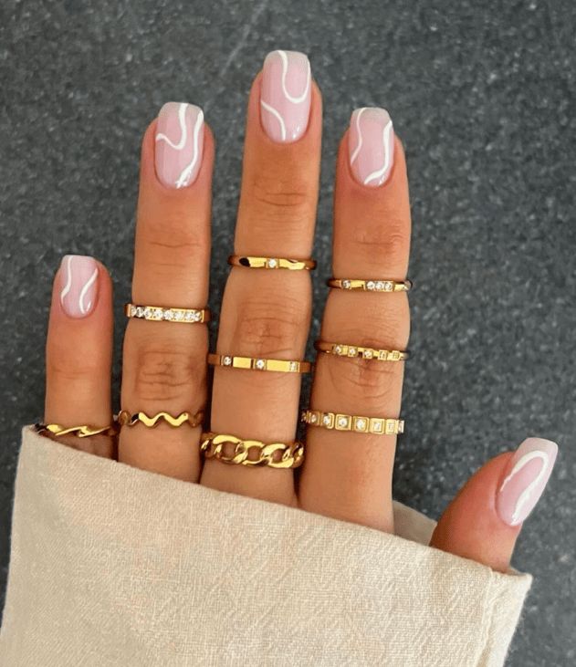 Short Square Pale Pink with White Swirls Short Square Pale Pink with White Swirls — Thin Line Nails 2027