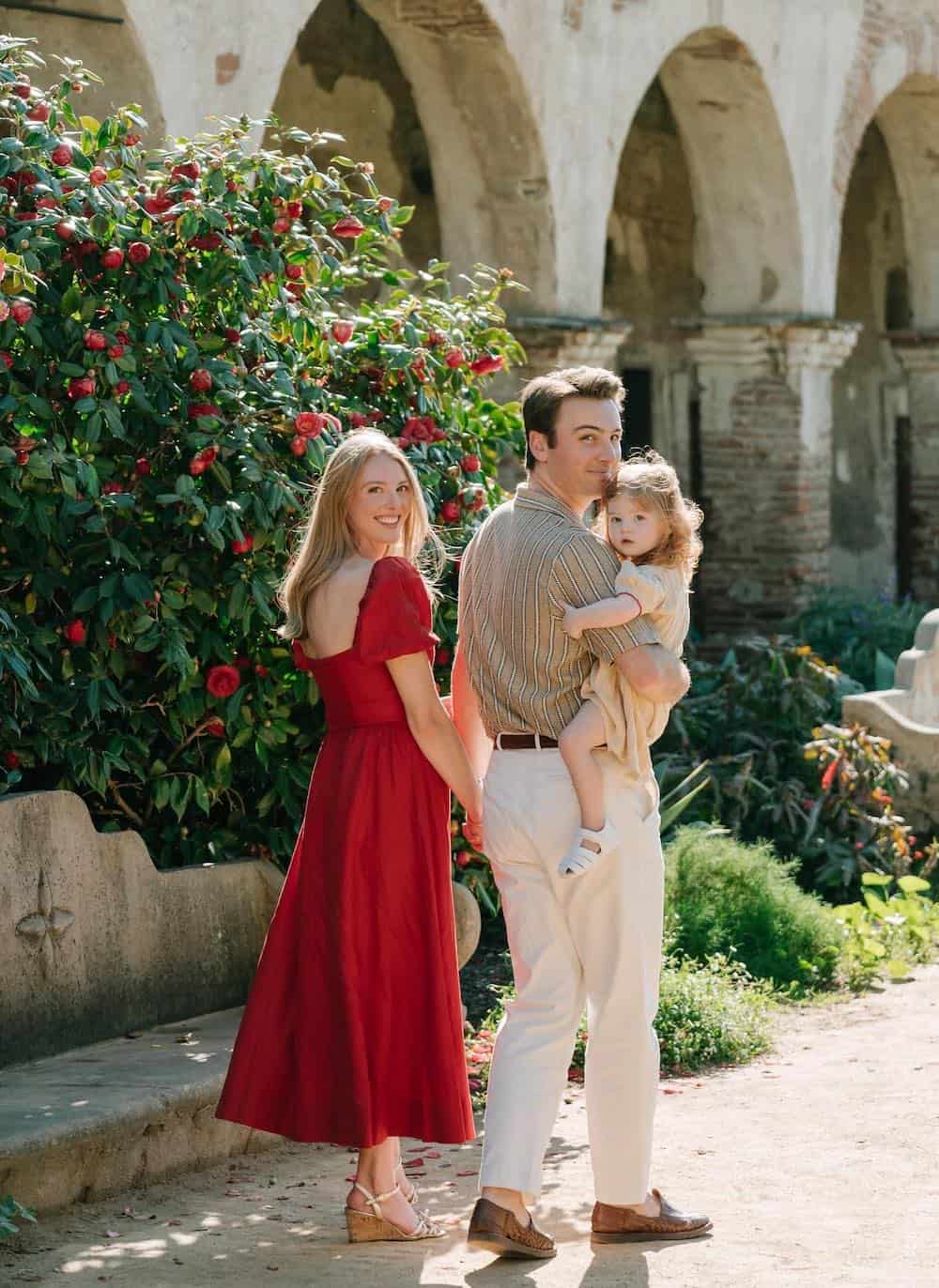 Vibrant Pop: Red Midi Dress and Striped Shirt Vibrant Pop: Red Midi Dress and Striped Shirt — Spring Family Photo Outfits 2027