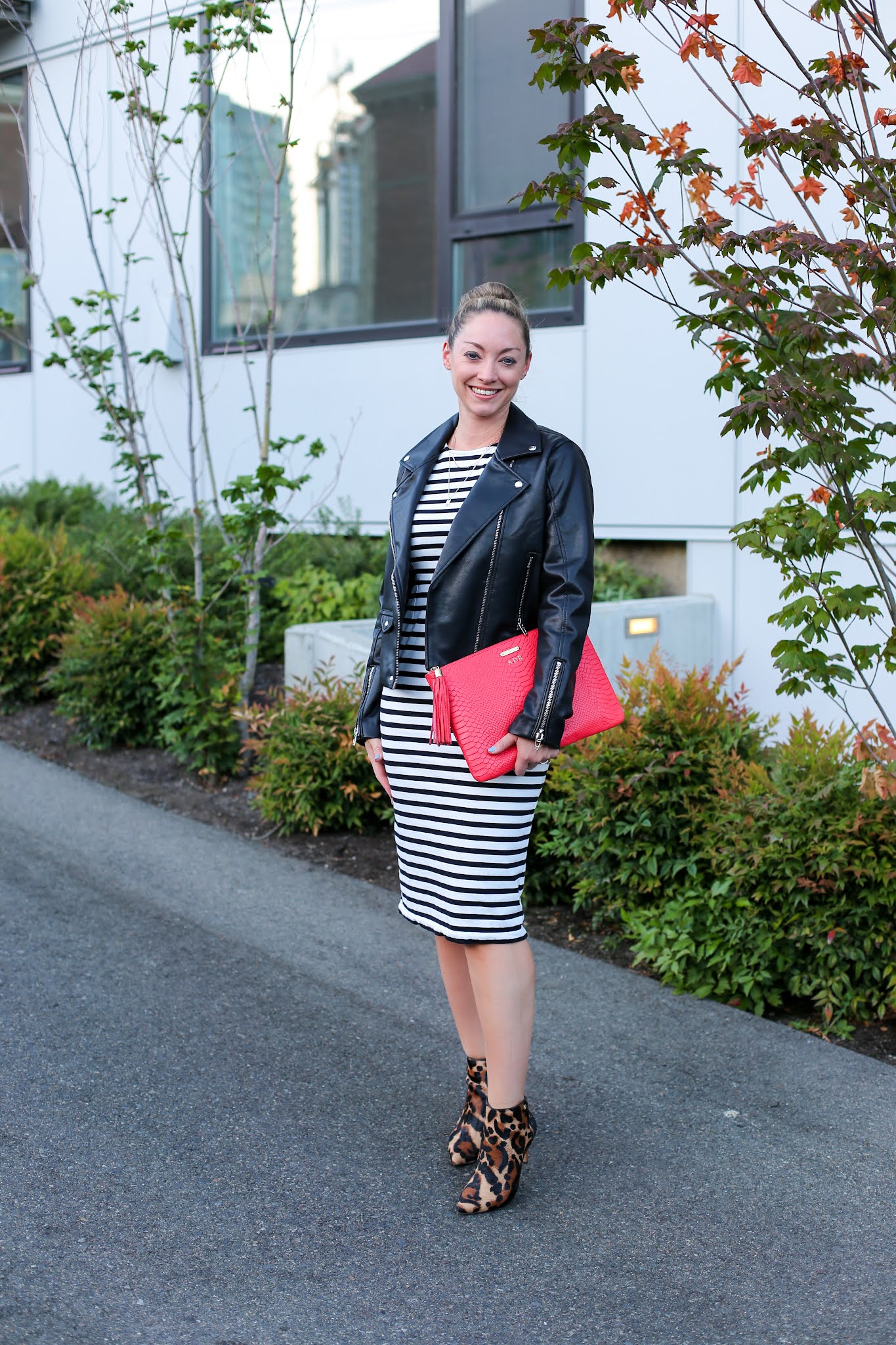 Bold Stripes: Faux Leather Jacket with Striped Midi Dress Bold Stripes: Faux Leather Jacket with Striped Midi Dress — Dress 2027 with Leather Jacket Outfit