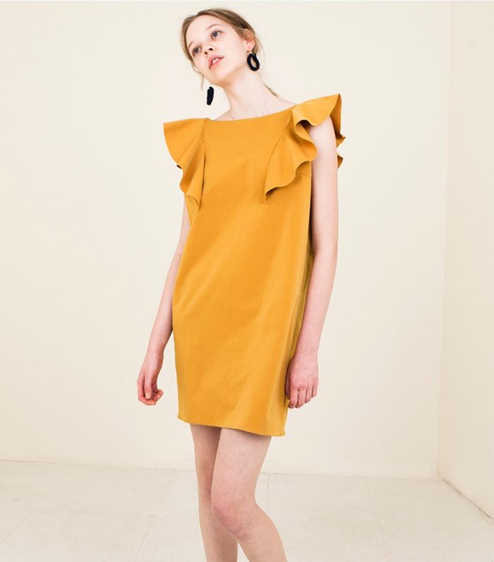 Mustard Yellow Shift Dress with Dramatic Ruffled Sleeves — Mustard Outfits 2027