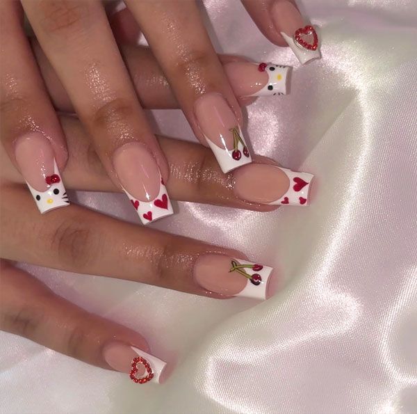 Nude French with Hello Kitty Hearts & Cherries Nude French with Hello Kitty Hearts & Cherries — French Hello Kitty Nails 2027