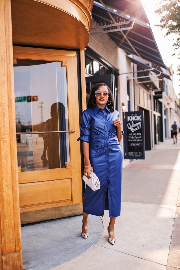 Royal Blue Faux Leather Ruched Dress with Snakeskin Heels Royal Blue Faux Leather Ruched Dress with Snakeskin Heels — Zara Outfits 2027