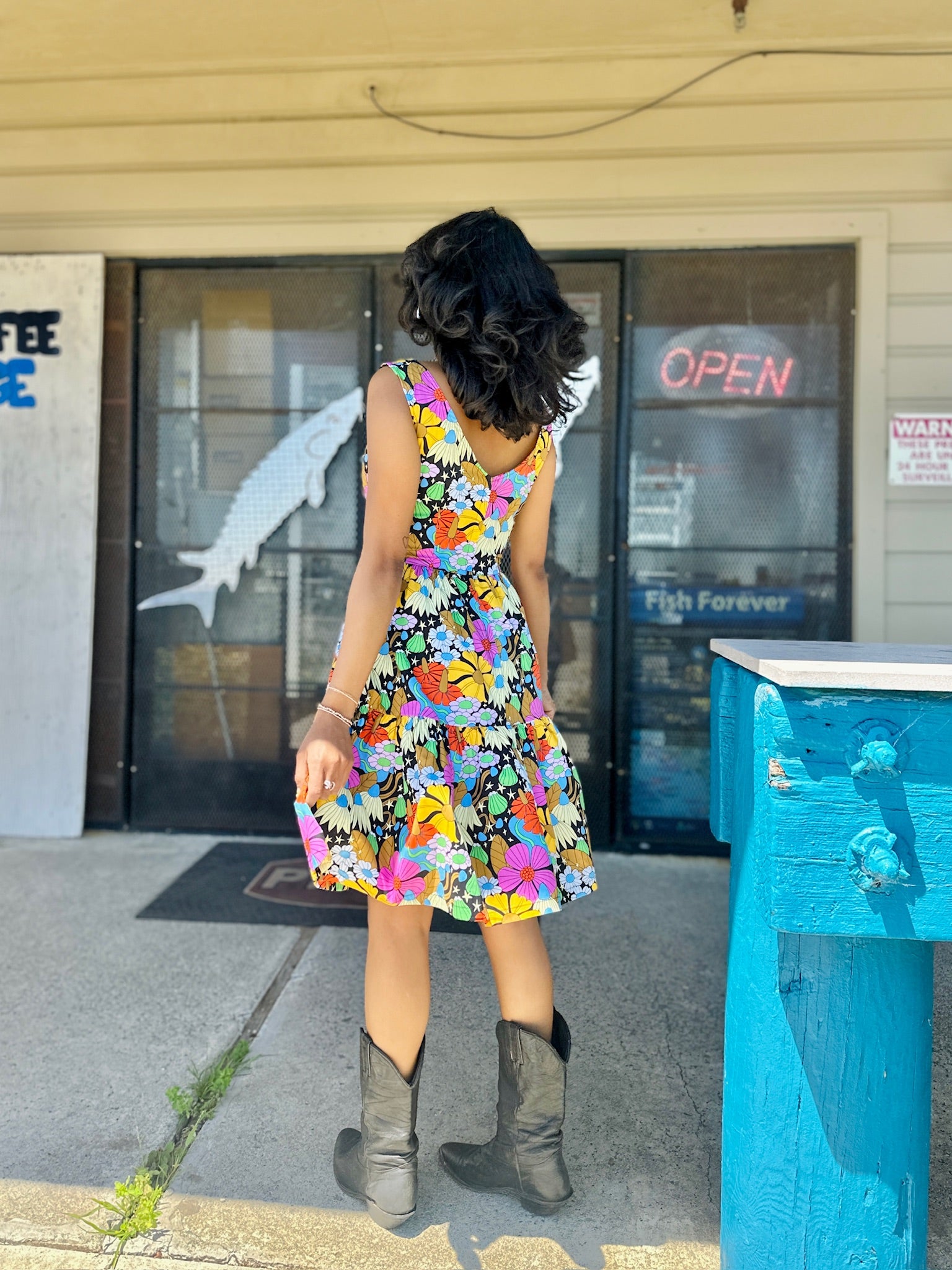 Floral Print Fit-and-Flare Dress with Cowboy Boots Floral Print Fit-and-Flare Dress with Cowboy Boots — Cowgirl Dress 2027
