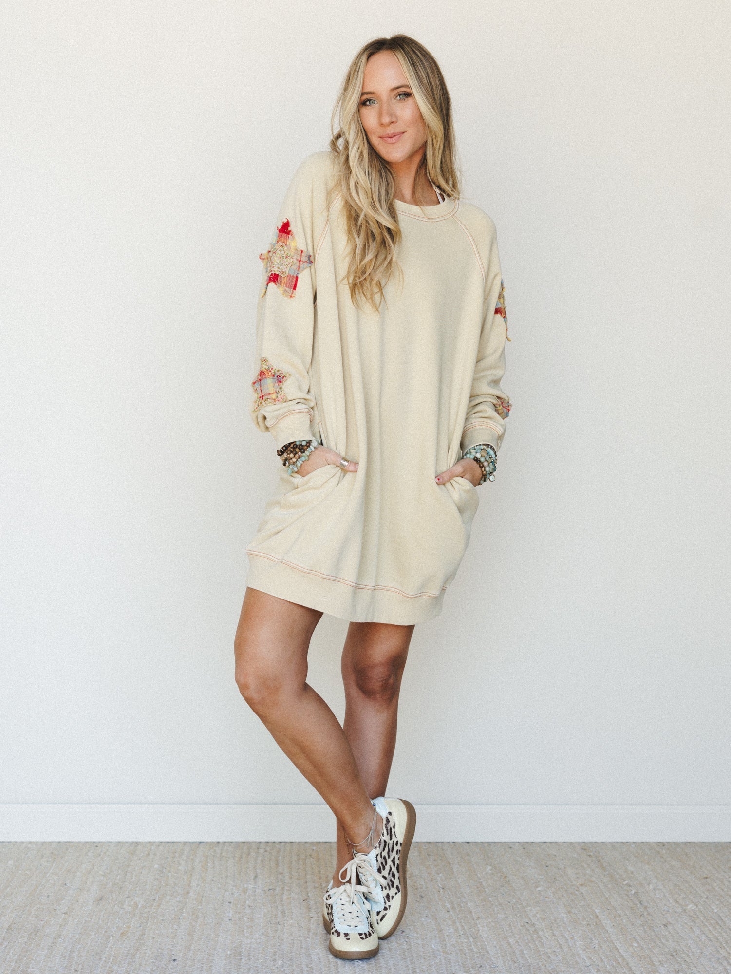 Beige Sweatshirt Dress with Embroidered Sleeves — Sweatshirt Dress 2027
