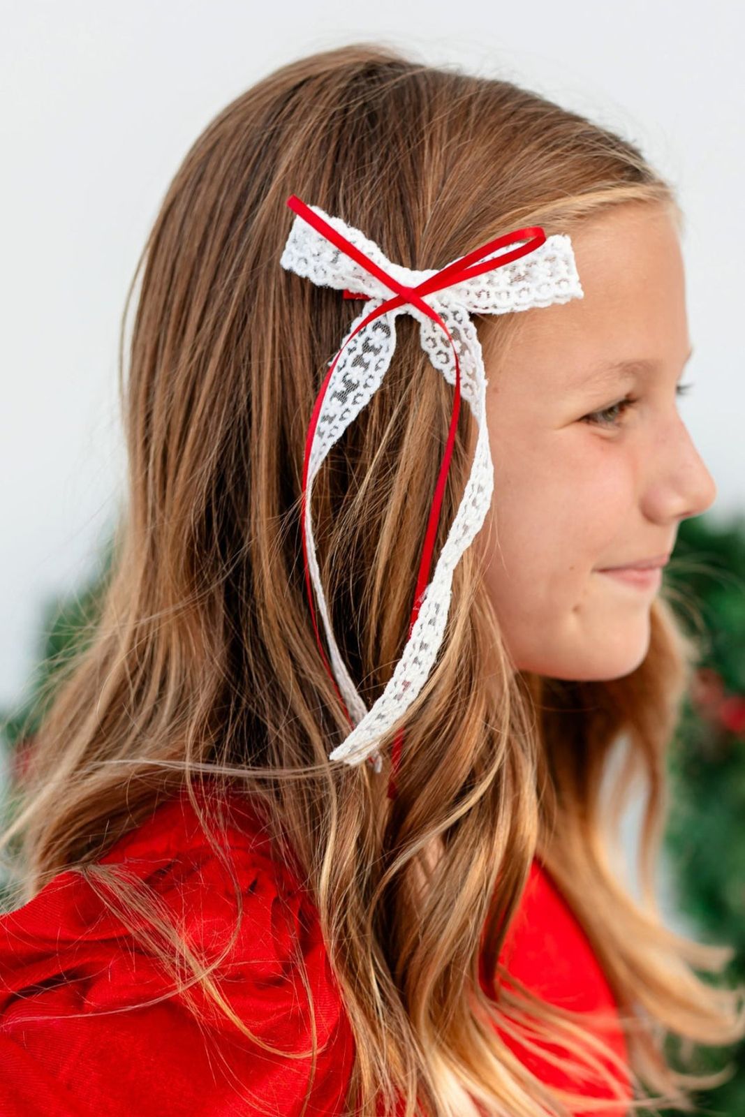 Side Profile Loose Waves Red Trim Bow — Ribbons Little Girl Hairstyles 2027