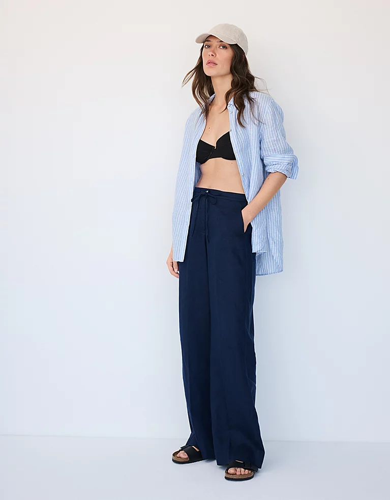 Linen Pants Cotton Shirt Outfit Idea — Navy Blue Linen Pants Outfits 2027