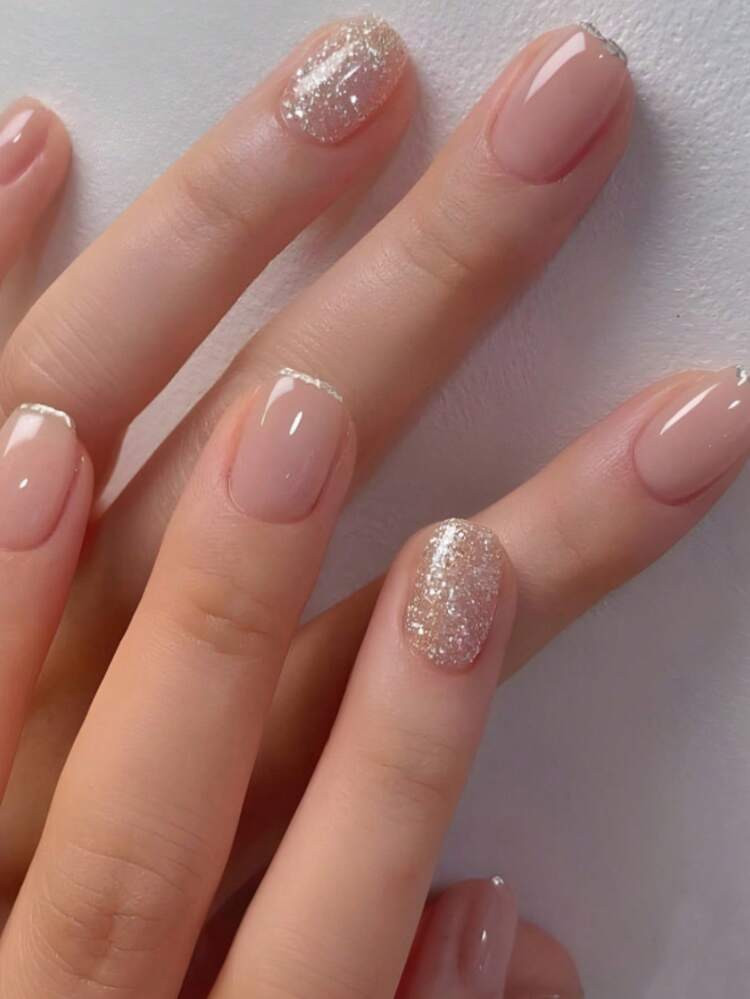 Nude Pink French with Silver Glitter Line Nude Pink French with Silver Glitter Line — Short Prom Nails 2027