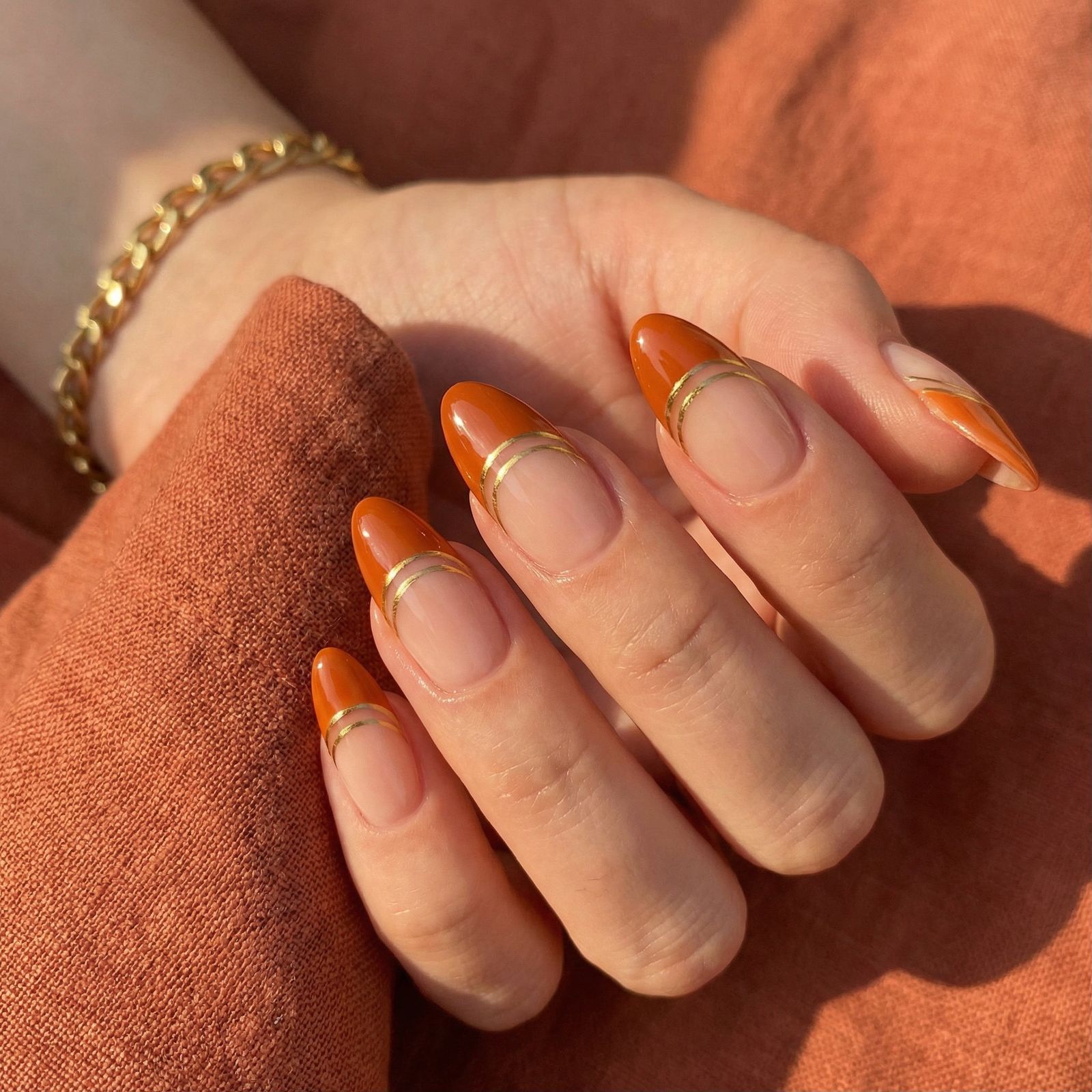 Nude Base With Orange And Gold Visual Idea Nude Base With Orange And Gold Visual Idea — Colored Double French Nails 2027