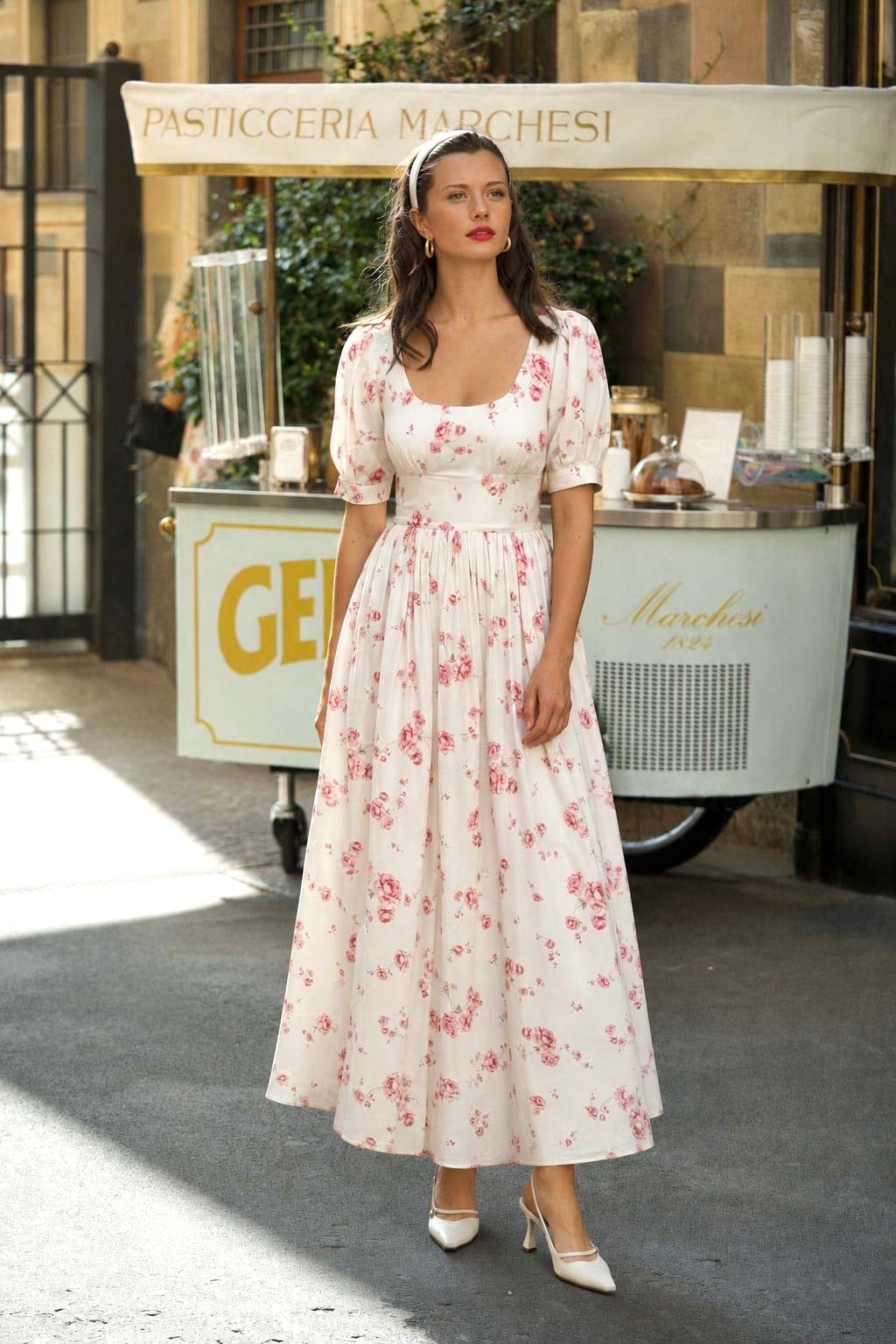 White Puff-Sleeve Midi Dress with Pink Floral Print for Garden Parties — Midi Picnic Dress 2027