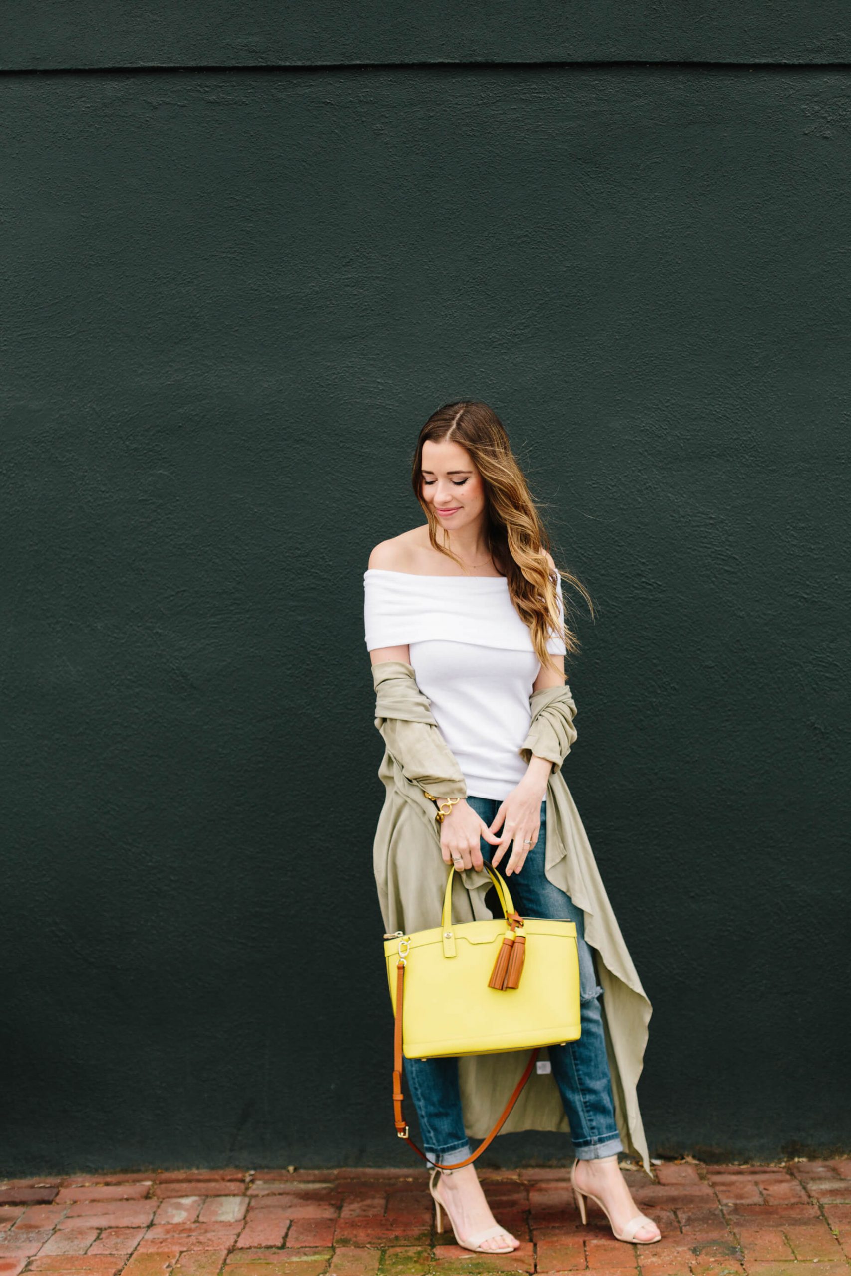 Off-Shoulder Knit Top with Trench Coat and Distressed Jeans — Off the Shoulder Top Outfits 2027