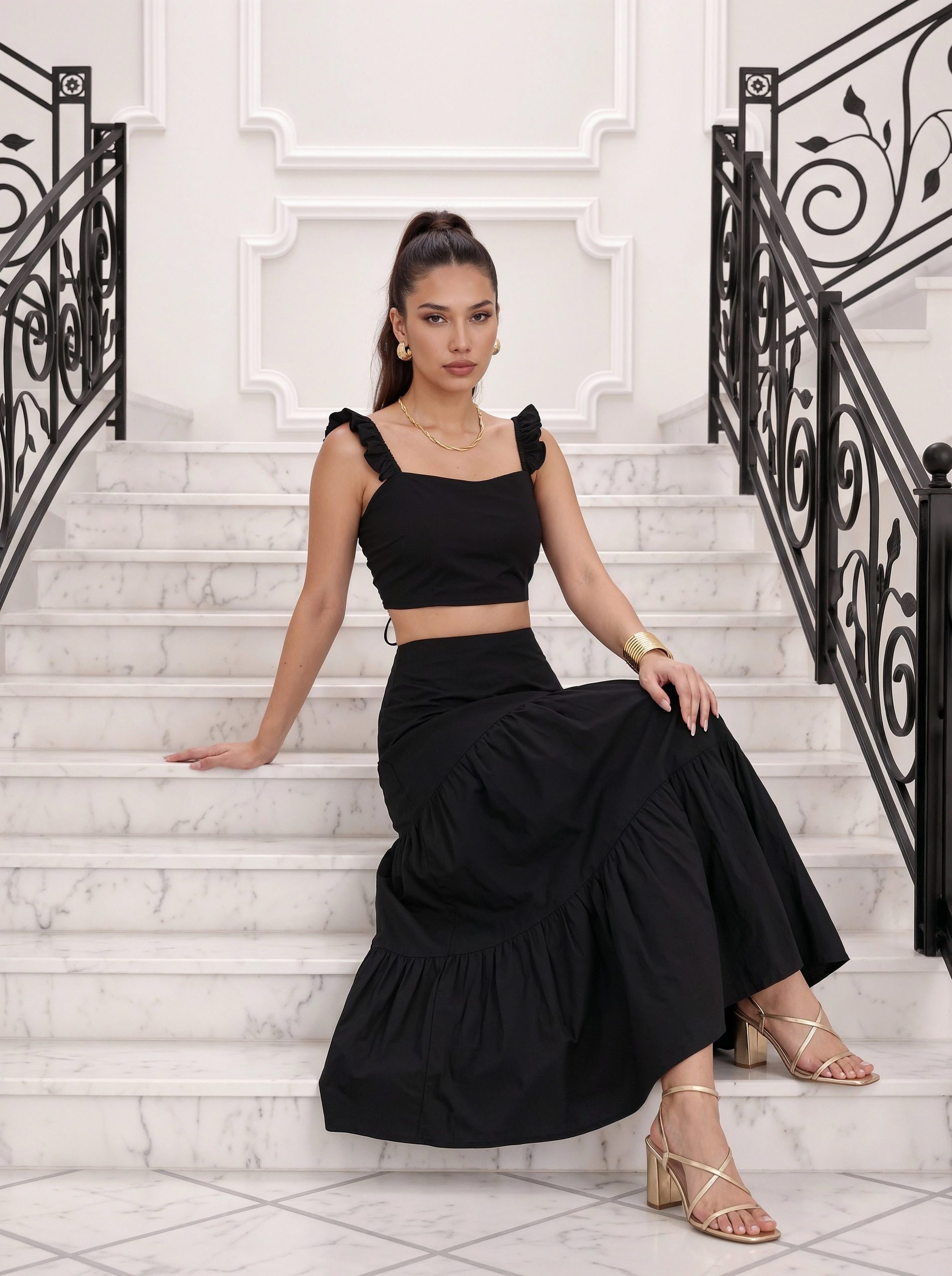 All-Black Ruffle Tiered Skirt for Evening Elegance — Tiered Skirt Outfits 2027