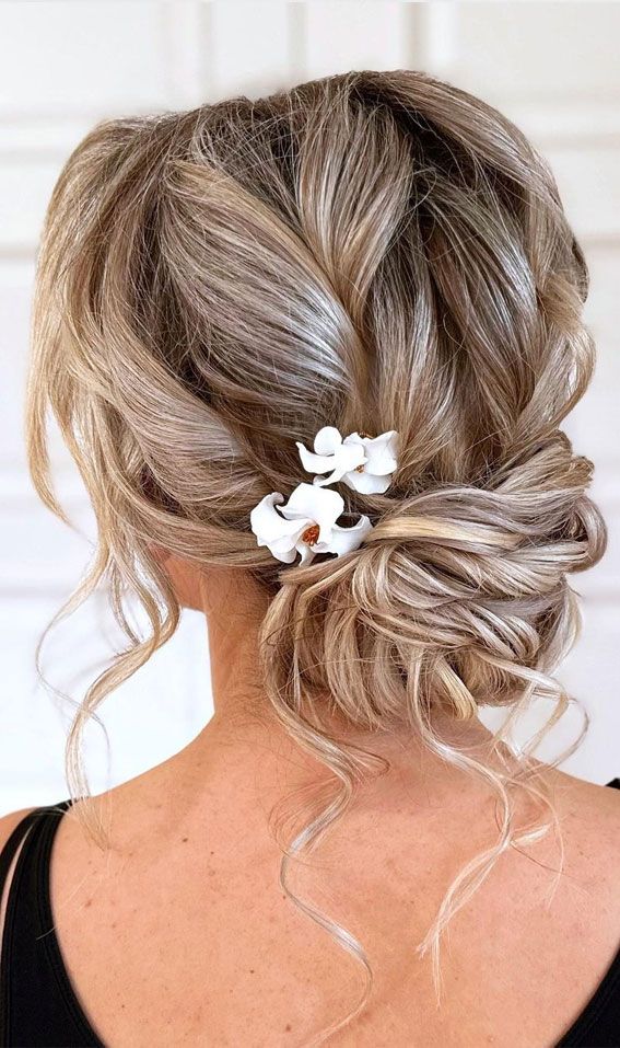 Ash Blonde Braided Low Bun With Florals Ash Blonde Braided Low Bun With Florals — Messy Low Bun 2027