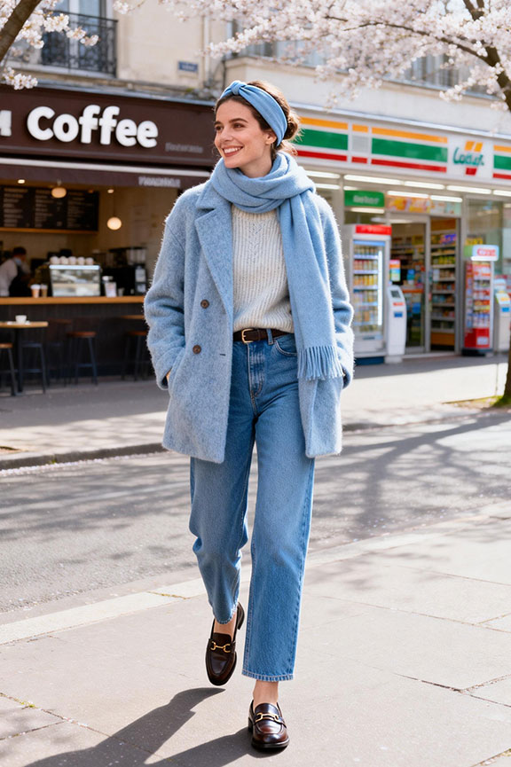 Textured Blue Coat and Loafers for a Chic Spring Look Textured Blue Coat and Loafers for a Chic Spring Look — Spring Outfits 2027 with Loafers