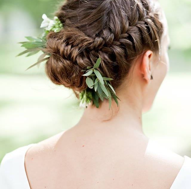 Dark Brown Greenery Braided Updo — Bride Hairstyles 2027