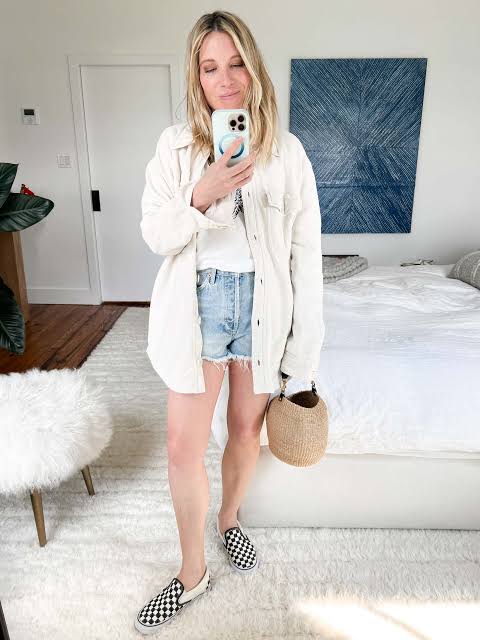 Casual Daywear: Cream Shacket with Denim Shorts and Sneakers — Shacket Outfits 2027