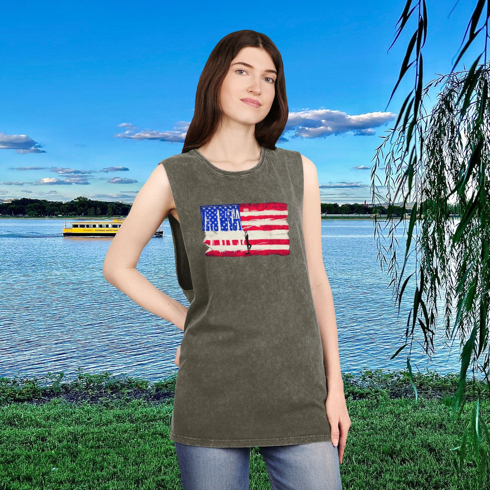 Distressed Flag Tank with Light Wash Jeans Distressed Flag Tank with Light Wash Jeans — Classic Americana Outfits 2027