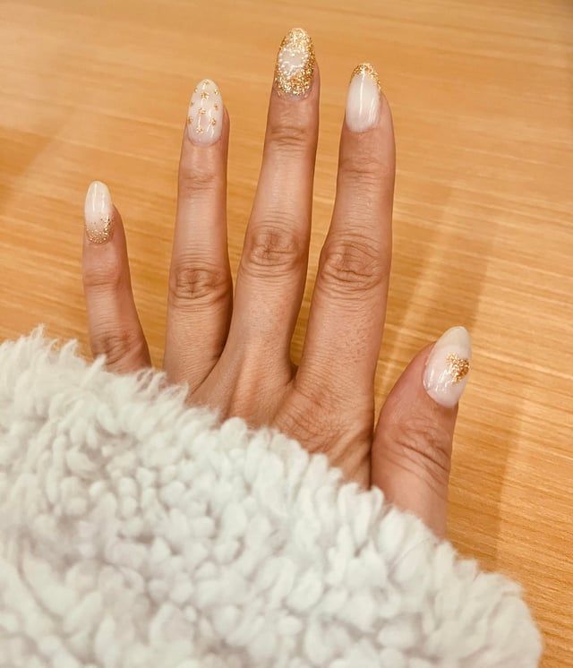 Medium Almond with Gold Glitter French Tips and Foil Accent — Nails 2027 for Gold Dress