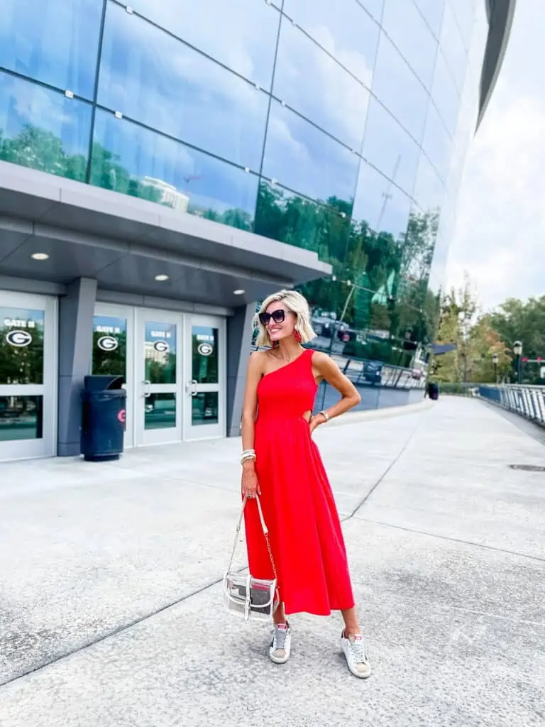 Modern Edge: Red One-Shoulder Dress with Sneakers — College Game Day Outfits 2026